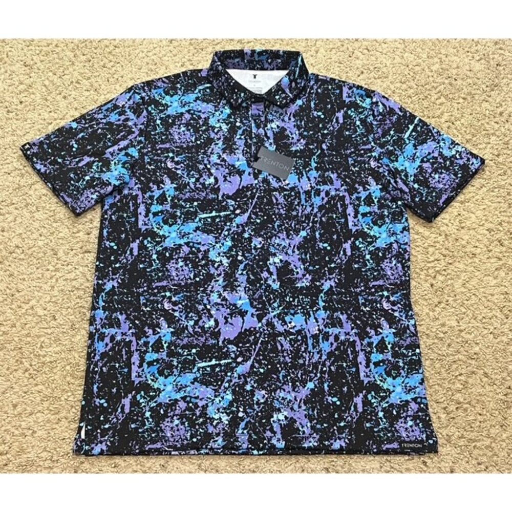 Trenton Black Purple Picasso Splatter Print Performance Polo Shirt Sz L New NWT